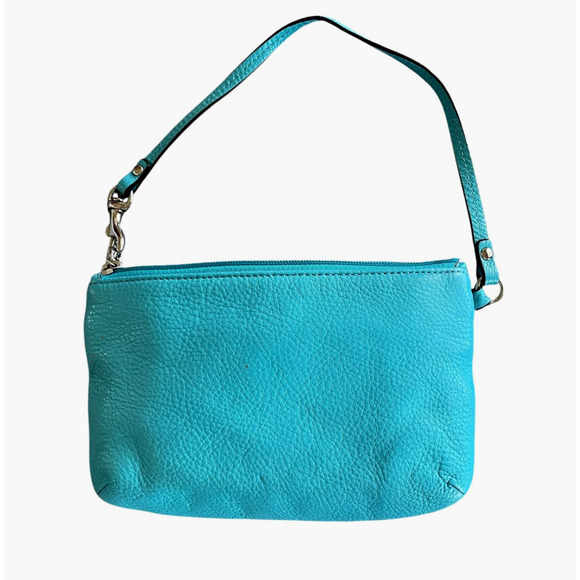 COACH Women's Small Teal Pebble Leather Silver Turnlock Top Zip Wristlet Classic - Picture 7 of 12